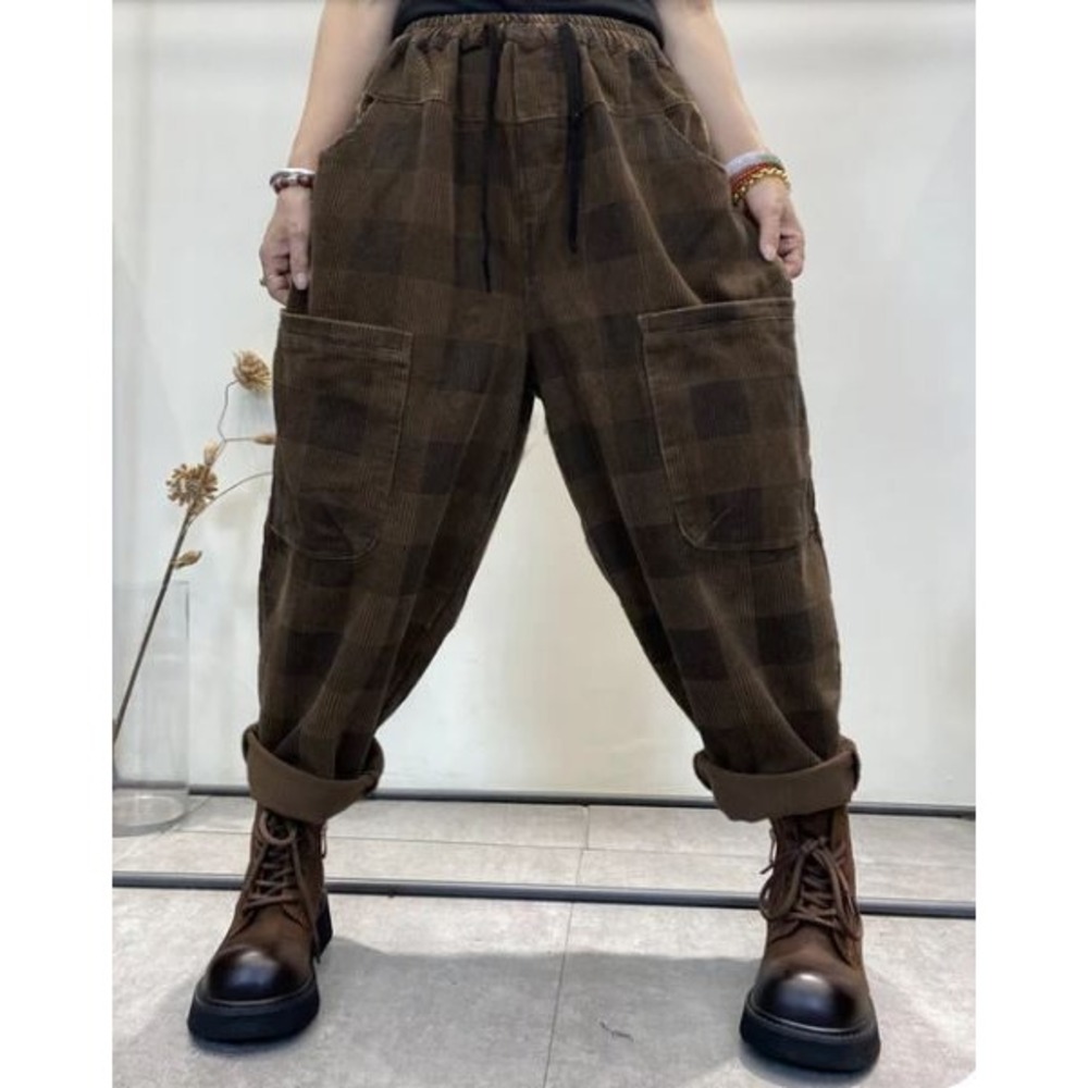 BUYKUD Corduroy Pants Women M Brown NWT Checkered Lagenlook Tapered Drawstring - Picture 1 of 11